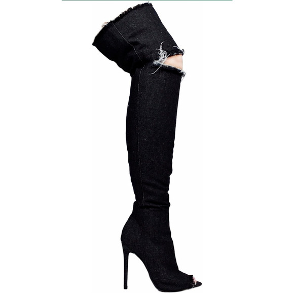 Liliana Barbara Thigh High Over Knee Denim Open Toe Stiletto Heel Boot Black 7.5 - Picture 1 of 12